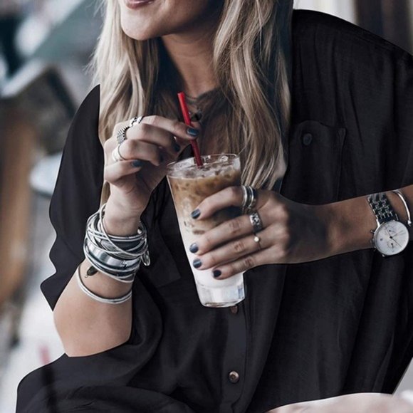 New Boho Long Sleeve Cotton Shirt Dress Black Button Up Oversized Tunic Top 90s - Picture 6 of 6